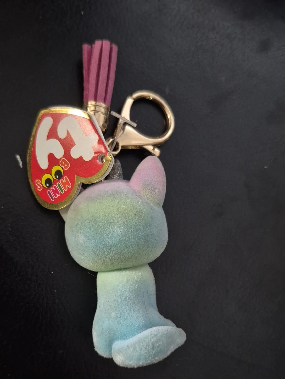 Ty Flocked Cat Keychain in Pastel Blue with Pink Tassel